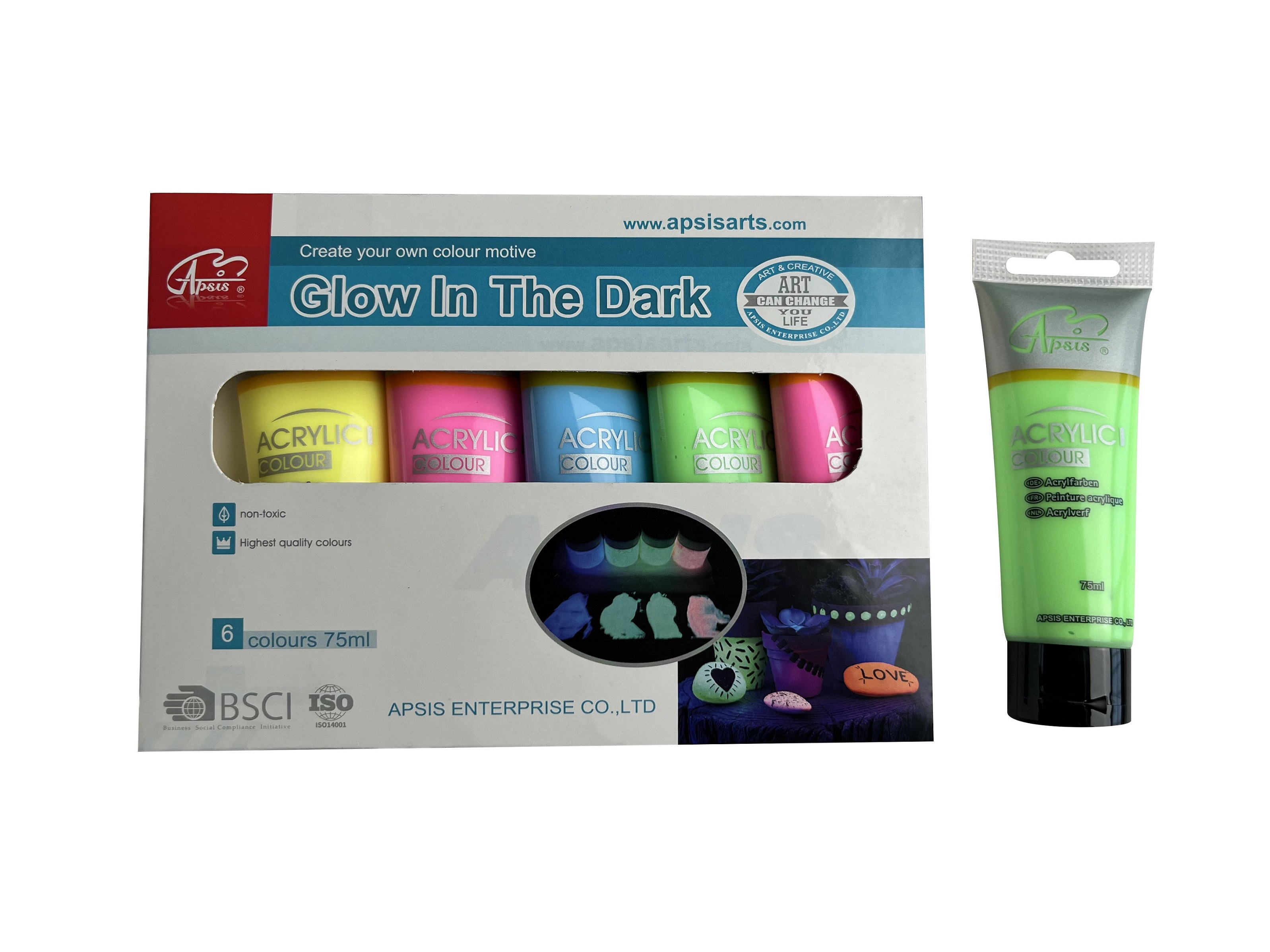 6 colors 75ml acrylic glow in the dark