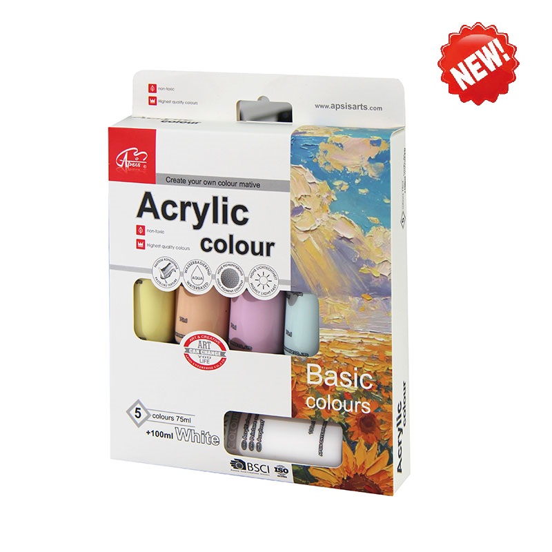 5colors*75ml+100ml titanium white acrylic color in tube with color box