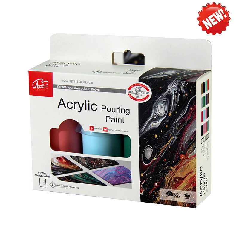 4colors*100ml acrylic pouring paint in bottle+50ml measuring cup with color box