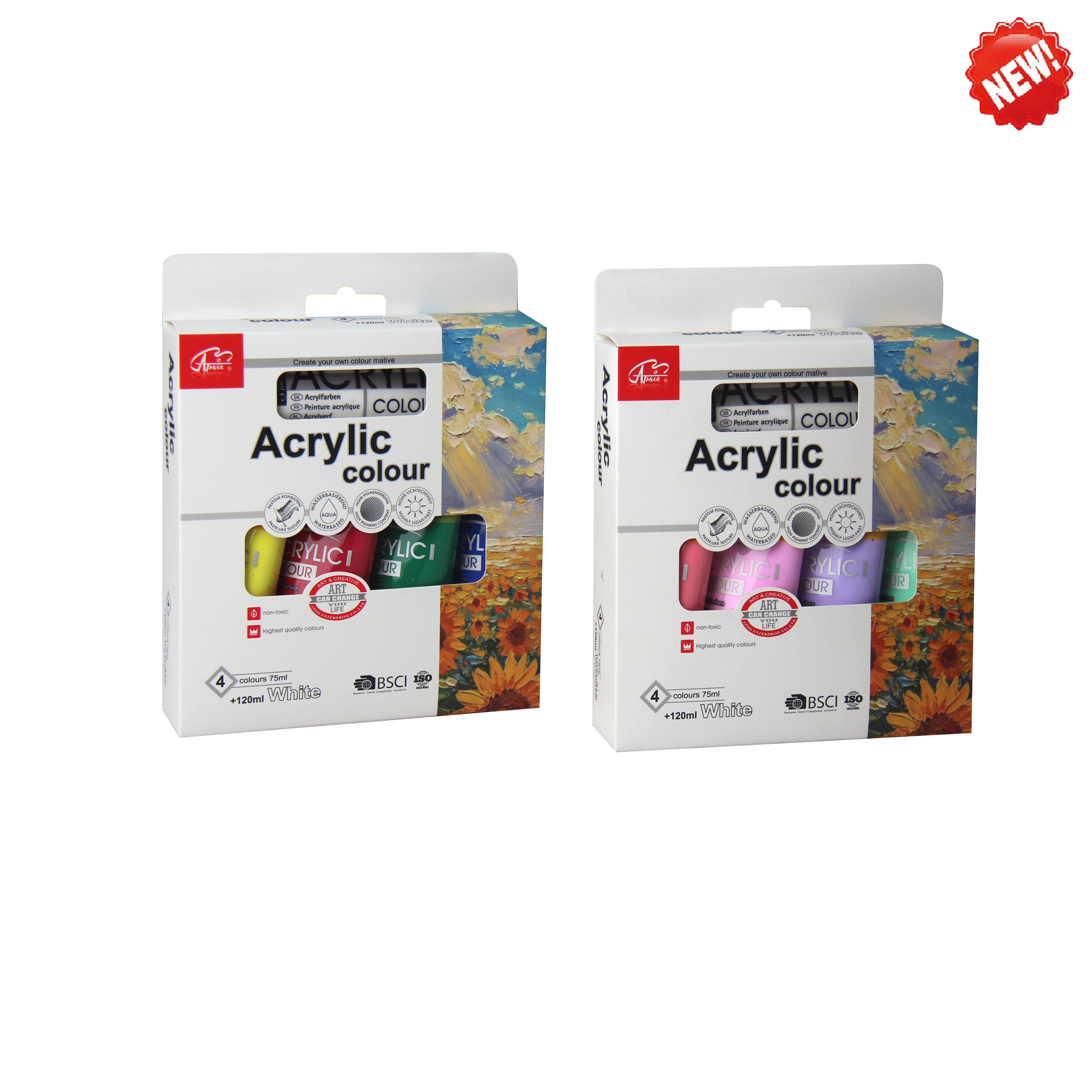 4colors*75ml +120ml white acrylic color in tube with color box